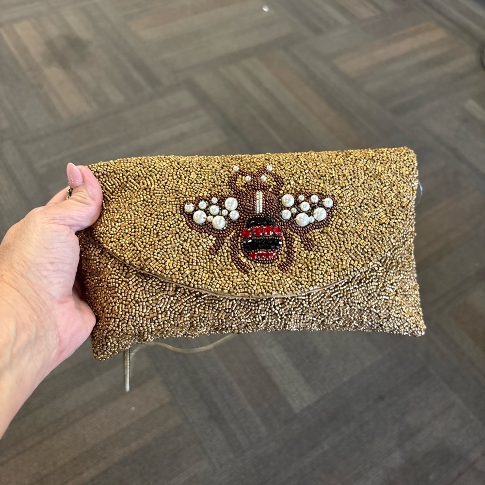 Tiana Brand Gold Beaded Queen Bee Clutch Bag